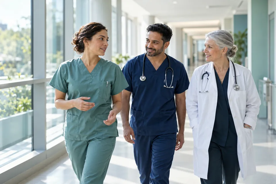 Three healthcare colleagues talking together in a bright hospital corridor